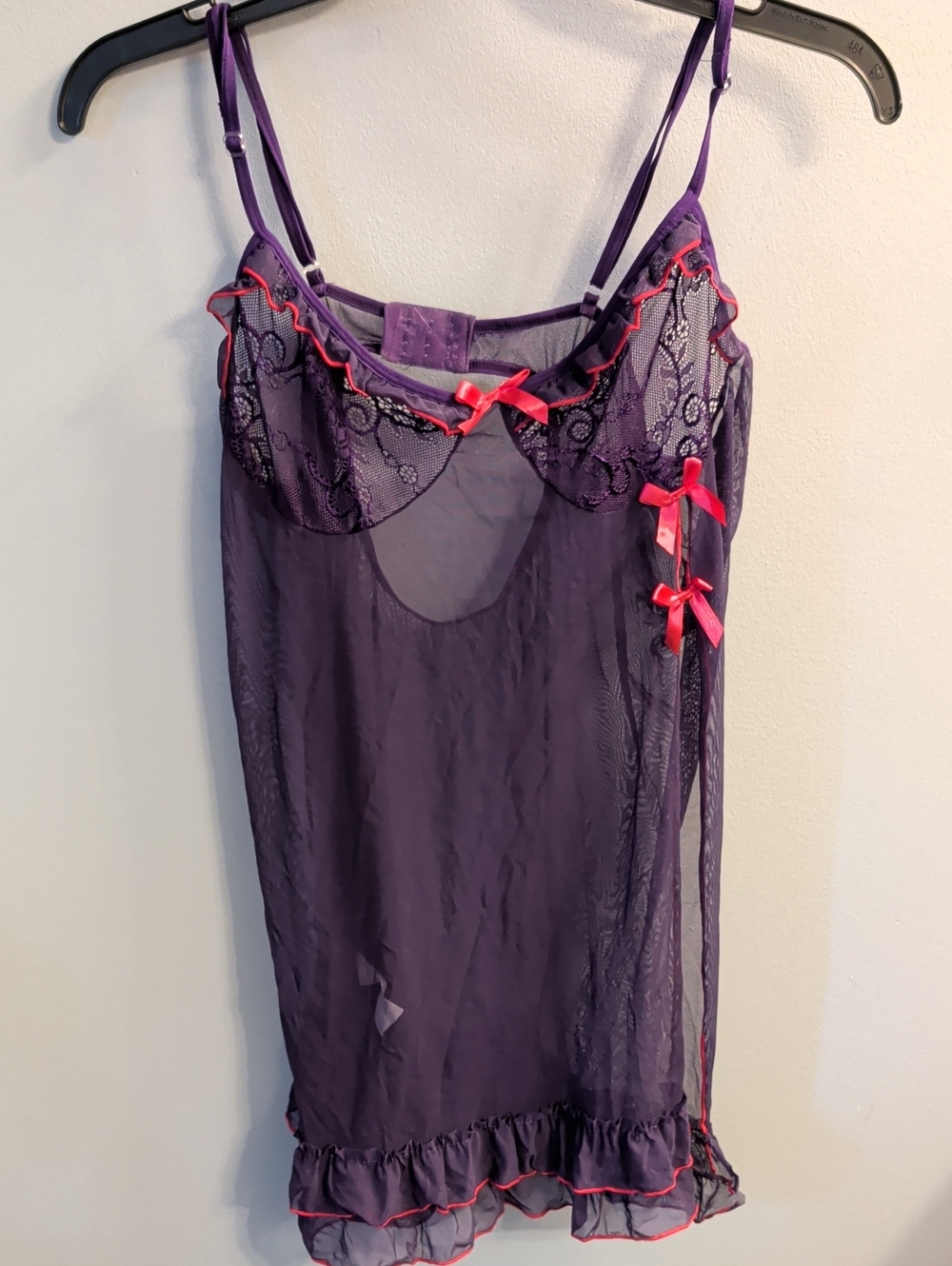 Sheer Purple Lace Chemise with Hot Pink Ribbon Trim
